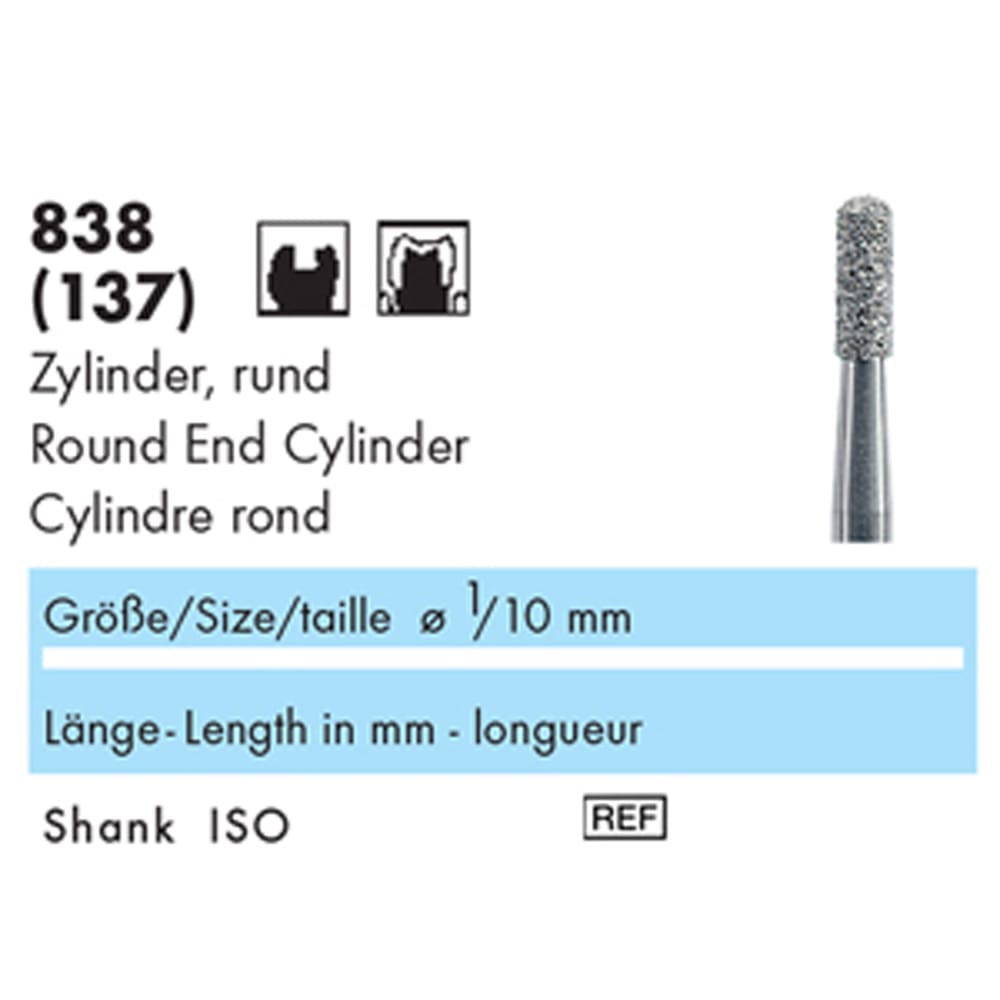 NTI Diamond Bur FG-Kiddie Round End Cylinder 838 007 Medium - Pack 5