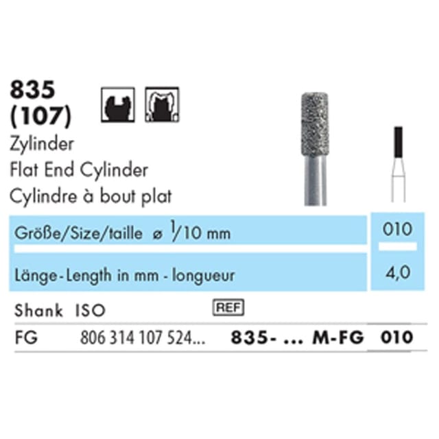 NTI Diamond Bur FG Flat End Cylinder 835 - Pack 5