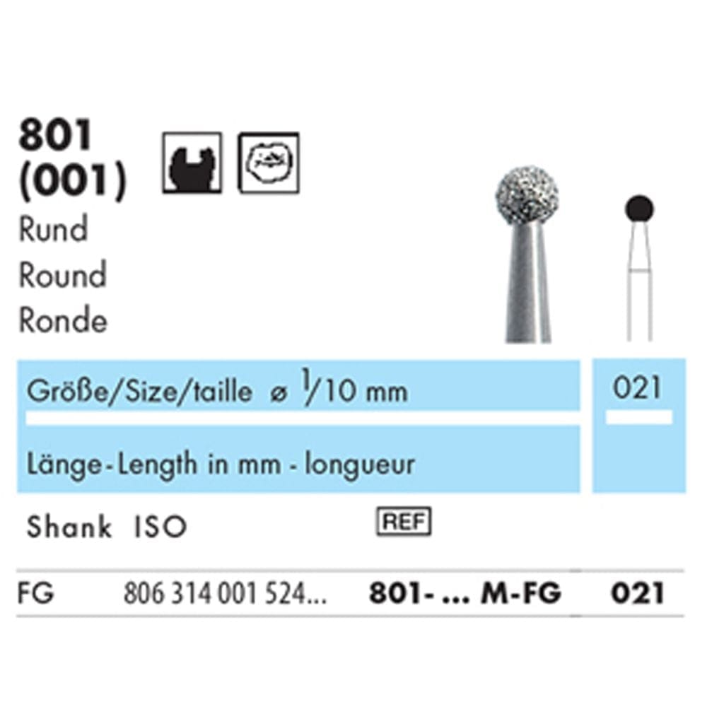 NTI Diamond Bur FG Round 801 Sizes 021-042 - Pack 5