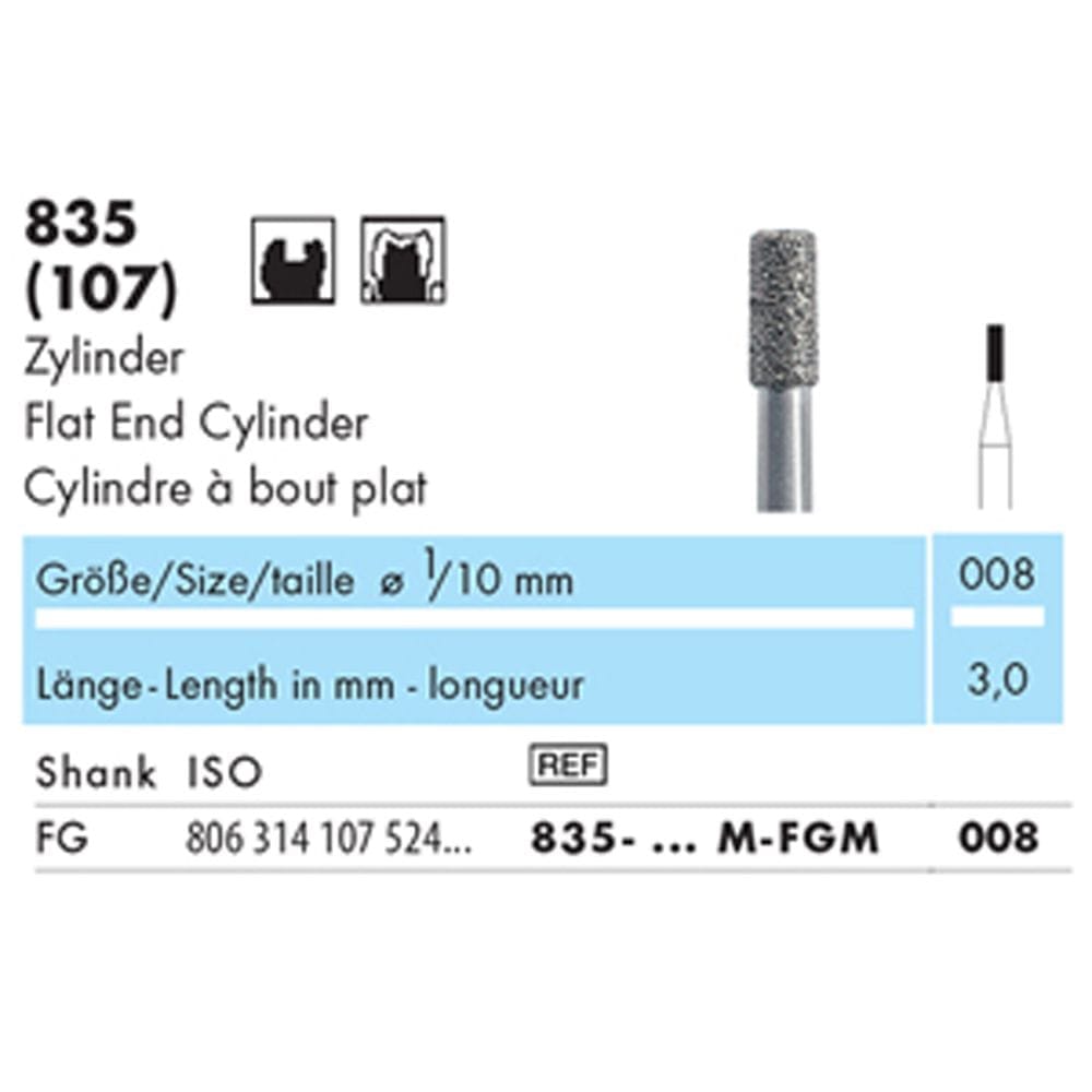 NTI Diamond Bur FG Short Shank Round End Cylinder 835 - Pack 5