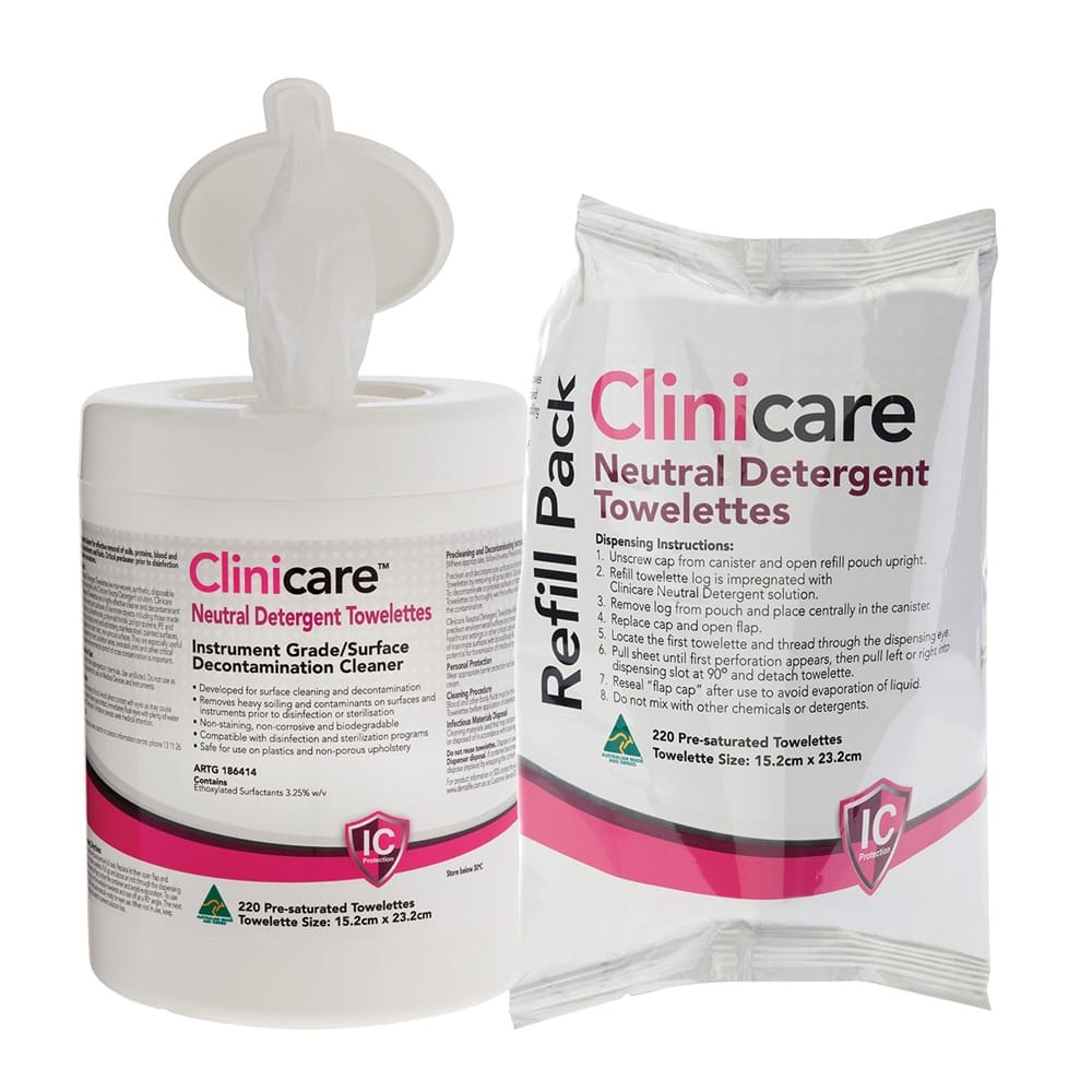 Clinicare Neutral Detergent Towelettes 220Wipe Tubs & Refills