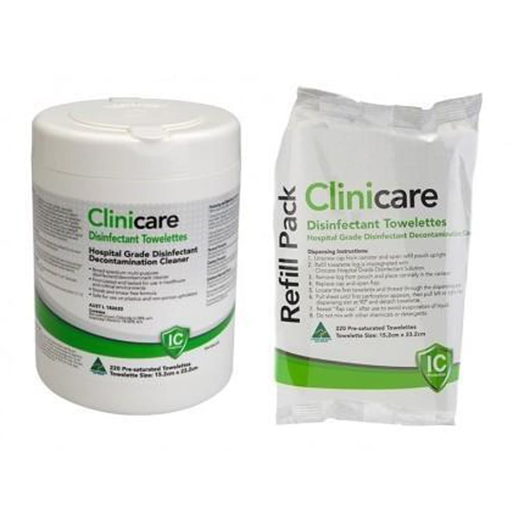 Clinicare Hospital Grade Disinfectant Towelettes 220Wipe Tubs & Refills