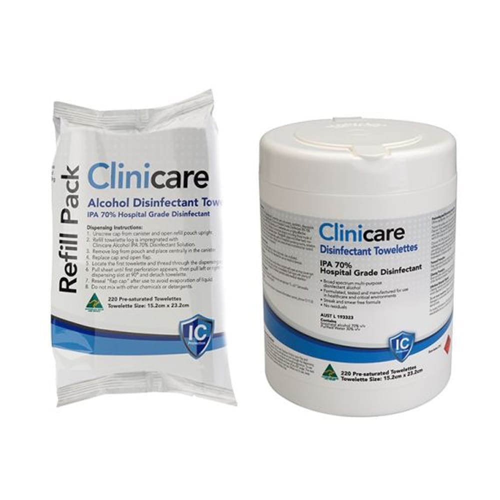 Clinicare IPA 70% Alcohol Towelettes 220Wipe Tubs and Refills