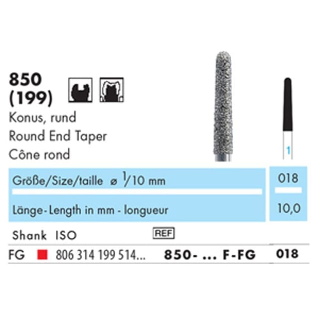 Diamond Bur FG Round End Taper 850 018 Fine - Pack 10